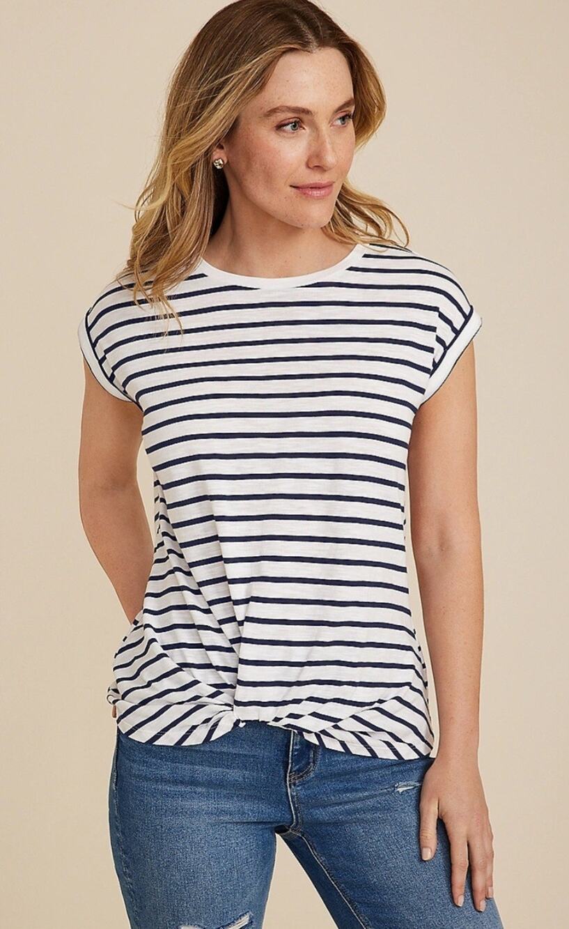 Maurices 24/7 Austin Striped Knot Hem Tee Crew Neckline Short-Sleeve Size Medium